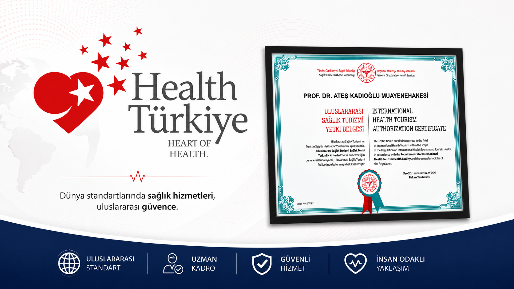 Prof. Dr. Ateş Kadıoğlu Muayenehanesi, T.C. Sağlık Bakanlığı tarafından Uluslararası Sağlık Turizmi Yetki Belgesi ile yetkilendirilmiştir.